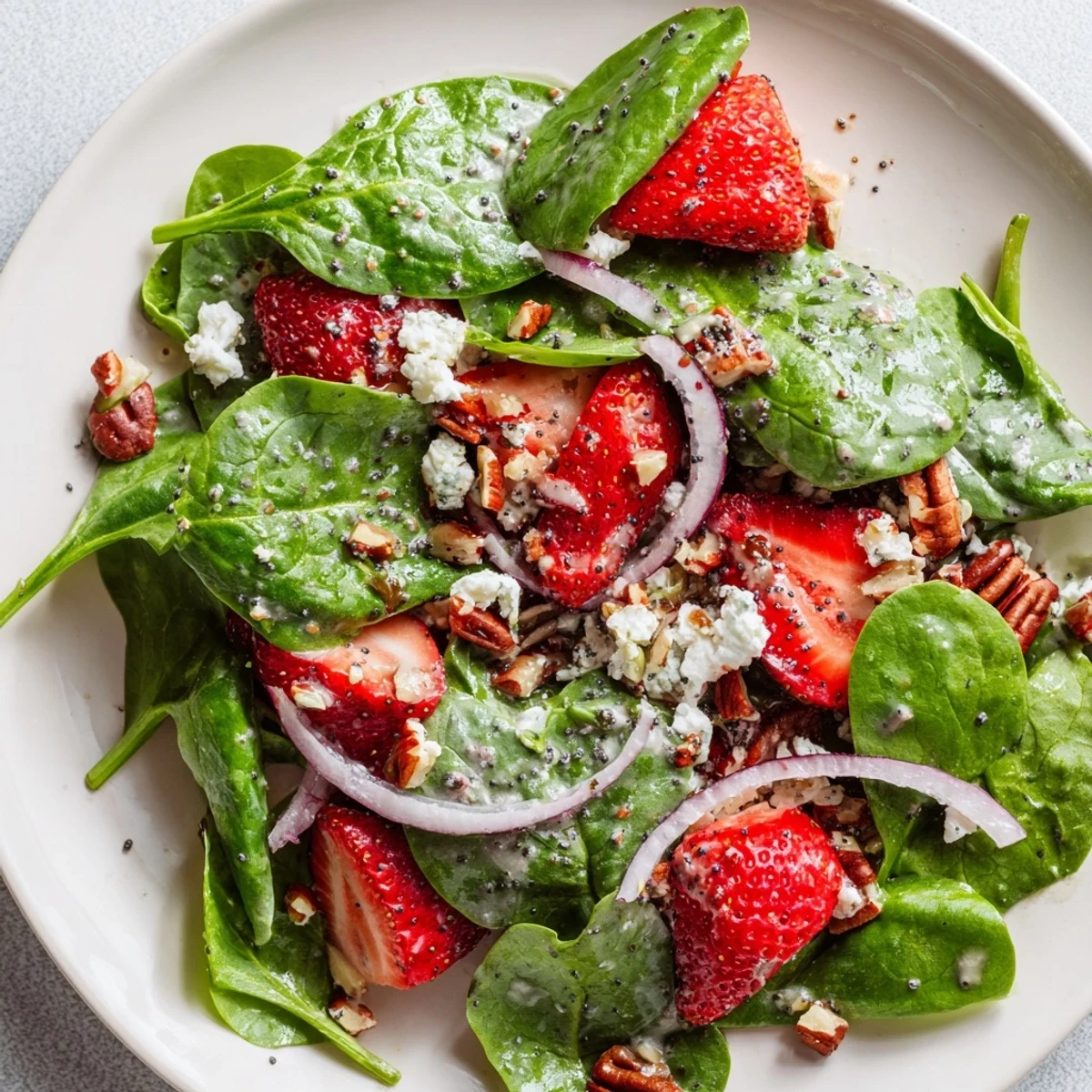 A freshly tossed Strawberry Spinach Salad with Poppy Seed Vinaigrette served on white plates, garnished with nuts and feta, perfect for a healthy vegetarian dinner.