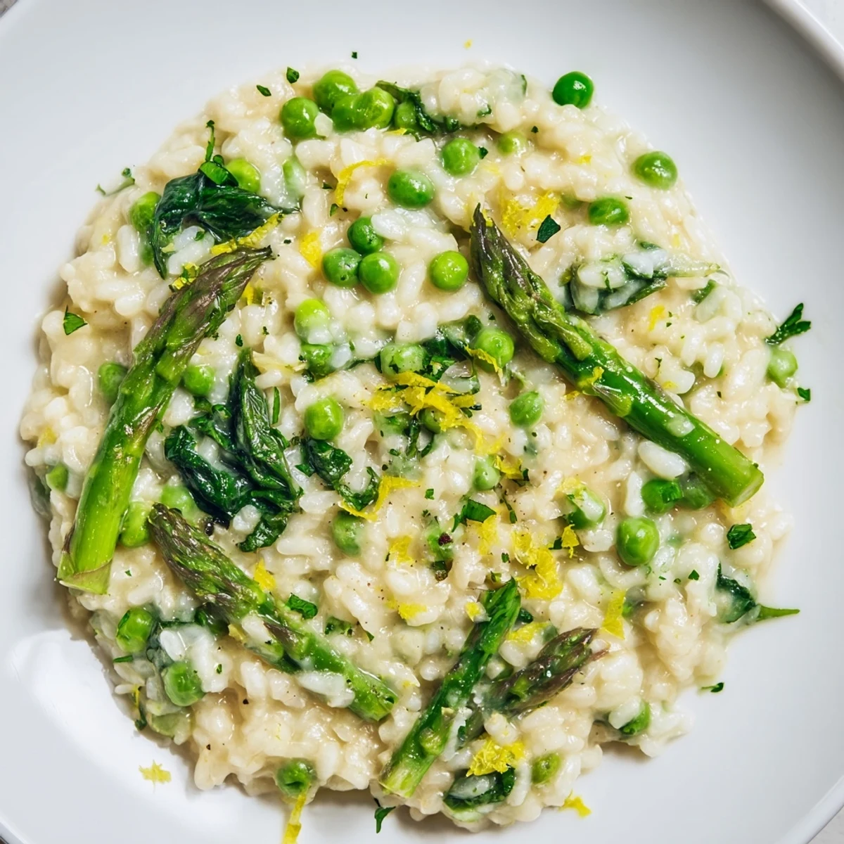 A close-up of creamy Spring Vegetable Risotto with Lemon Zest garnished with fresh parsley and bright lemon zest.