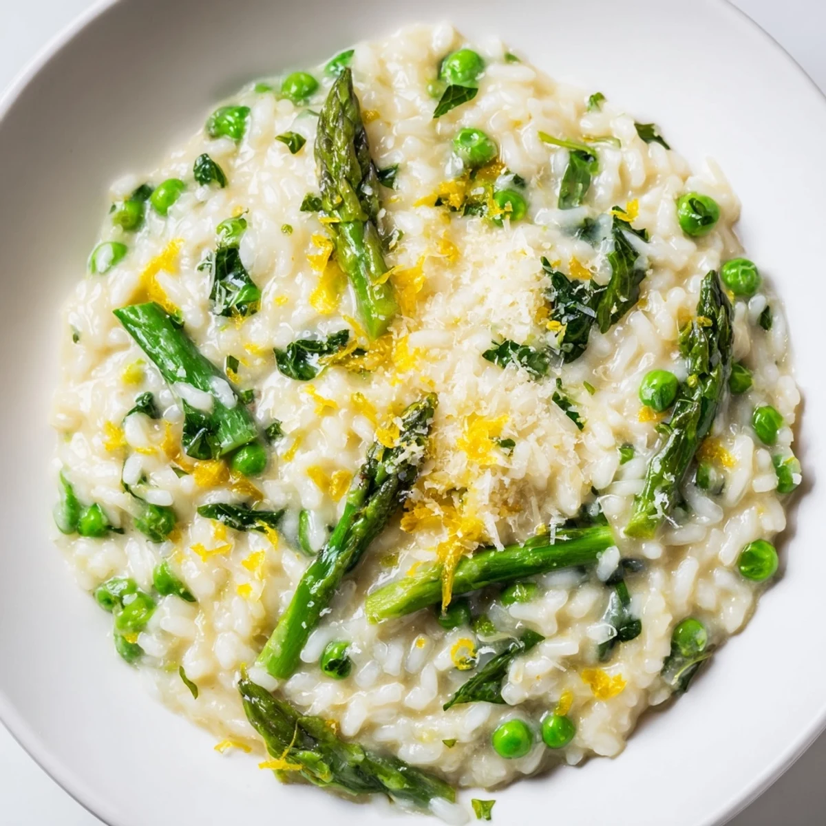 A hearty portion of Spring Vegetable Risotto with Lemon Zest paired with a glass of white wine, ready to serve.