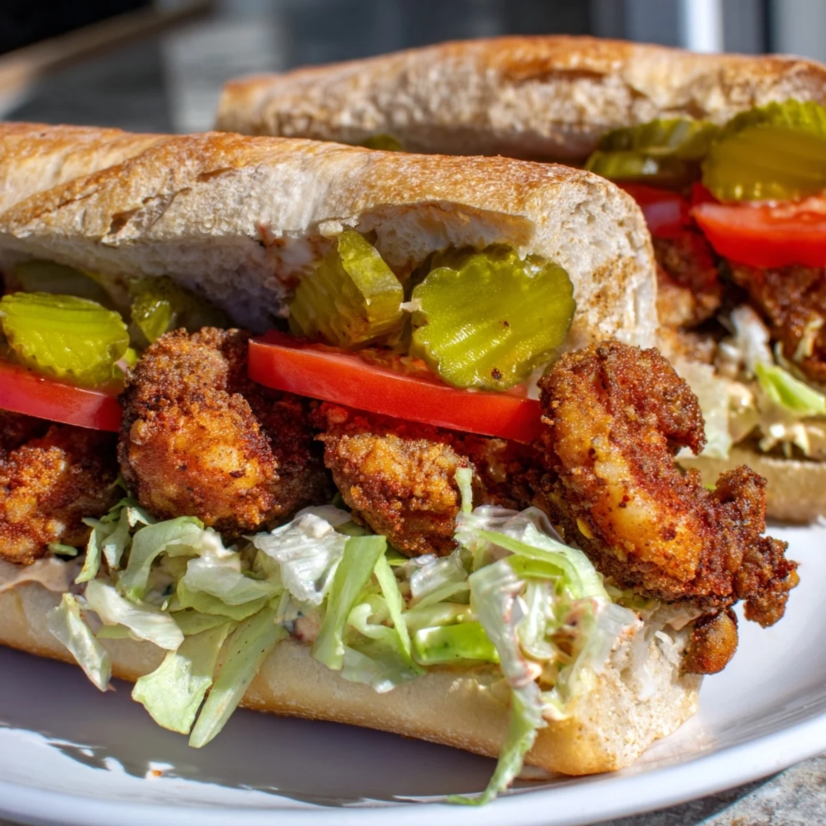 A close-up of a Mardi Gras Shrimp Po Boy, showcasing the Cajun-seasoned crust on each succulent shrimp and vibrant pickles inside.
