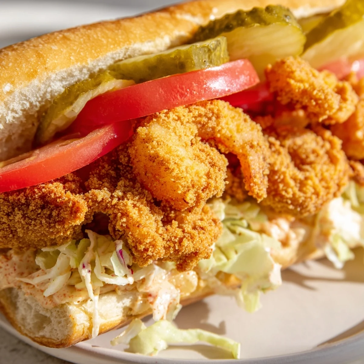 Juicy, crispy fried shrimp Po Boy sandwich drizzled with homemade remoulade, served with lemon wedges on a checkered Mardi Gras tablecloth.