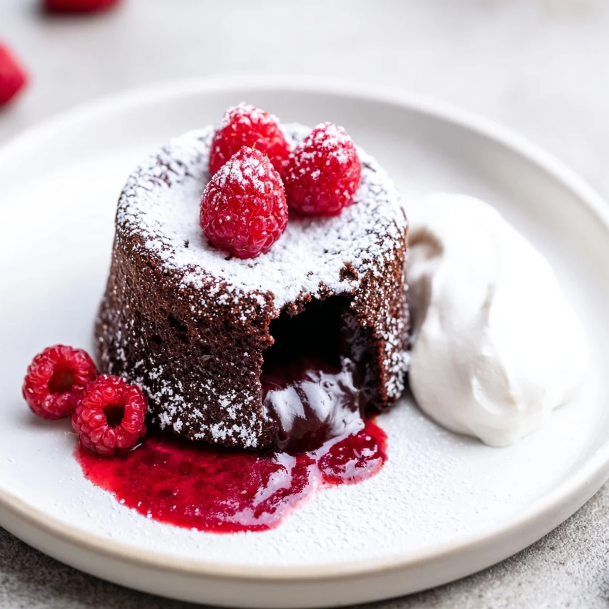 Warm chocolate lava cakes release a rich, molten center as vibrant raspberry sauce drizzles over the plated dessert.