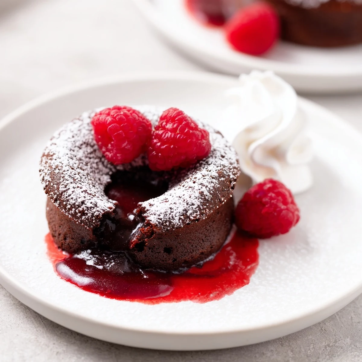 A fork cuts into a chocolate lava cake, revealing the gooey interior surrounded by a pool of tangy raspberry sauce.