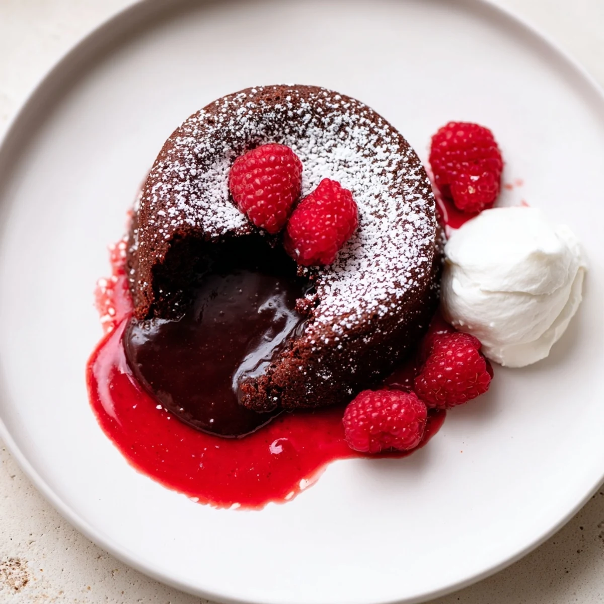 Decadent chocolate lava cakes with raspberry sauce stand on plates, dusted with powdered sugar and topped with fresh berries.