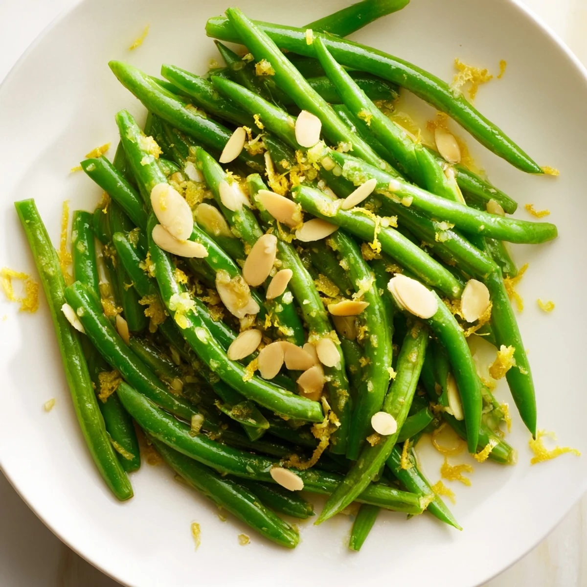 Crisp tender green beans with toasted almonds and lemon zest, served warm as a vegetarian side dish.