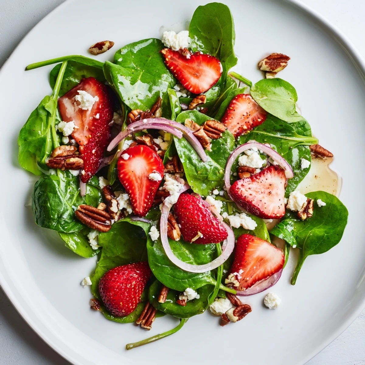 Close-up of a vibrant Strawberry Spinach Salad with Poppy Seed Vinaigrette, featuring juicy sliced strawberries, tender baby spinach, and toasted pecans. 