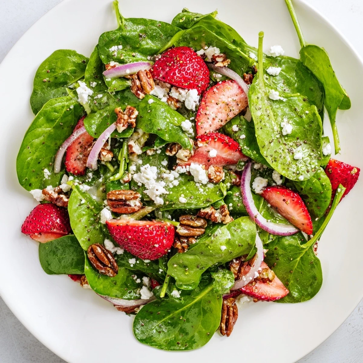 A fresh bowl of Strawberry Spinach Salad with Poppy Seed Vinaigrette, topped with crumbled feta and thinly sliced red onion, ready to serve. 