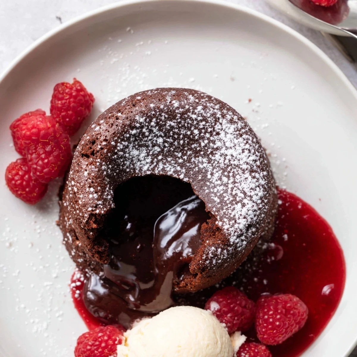 A close-up of Chocolate Lava Cakes with Raspberry Sauce showcasing the molten chocolate center and glistening sauce.