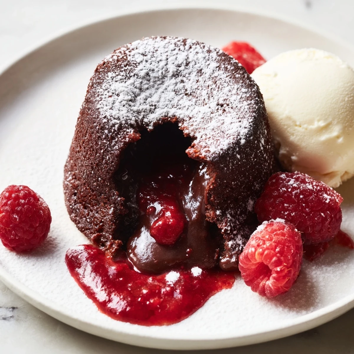 Decadent Chocolate Lava Cakes with Raspberry Sauce served warm on a white plate with fresh berries.