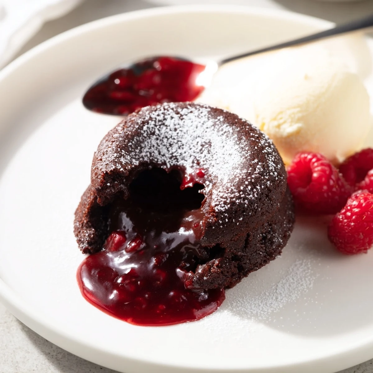Gooey Chocolate Lava Cakes with Raspberry Sauce topped with powdered sugar and fresh raspberries ready to serve.