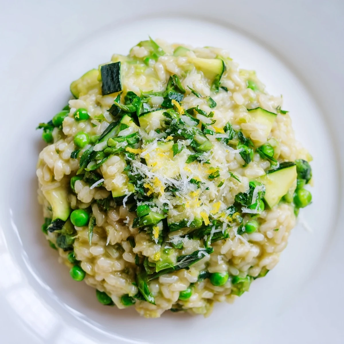 Steam rises from a serving of Spring Vegetable Risotto with Lemon Zest, garnished with fresh parsley and a bright wedge of lemon.