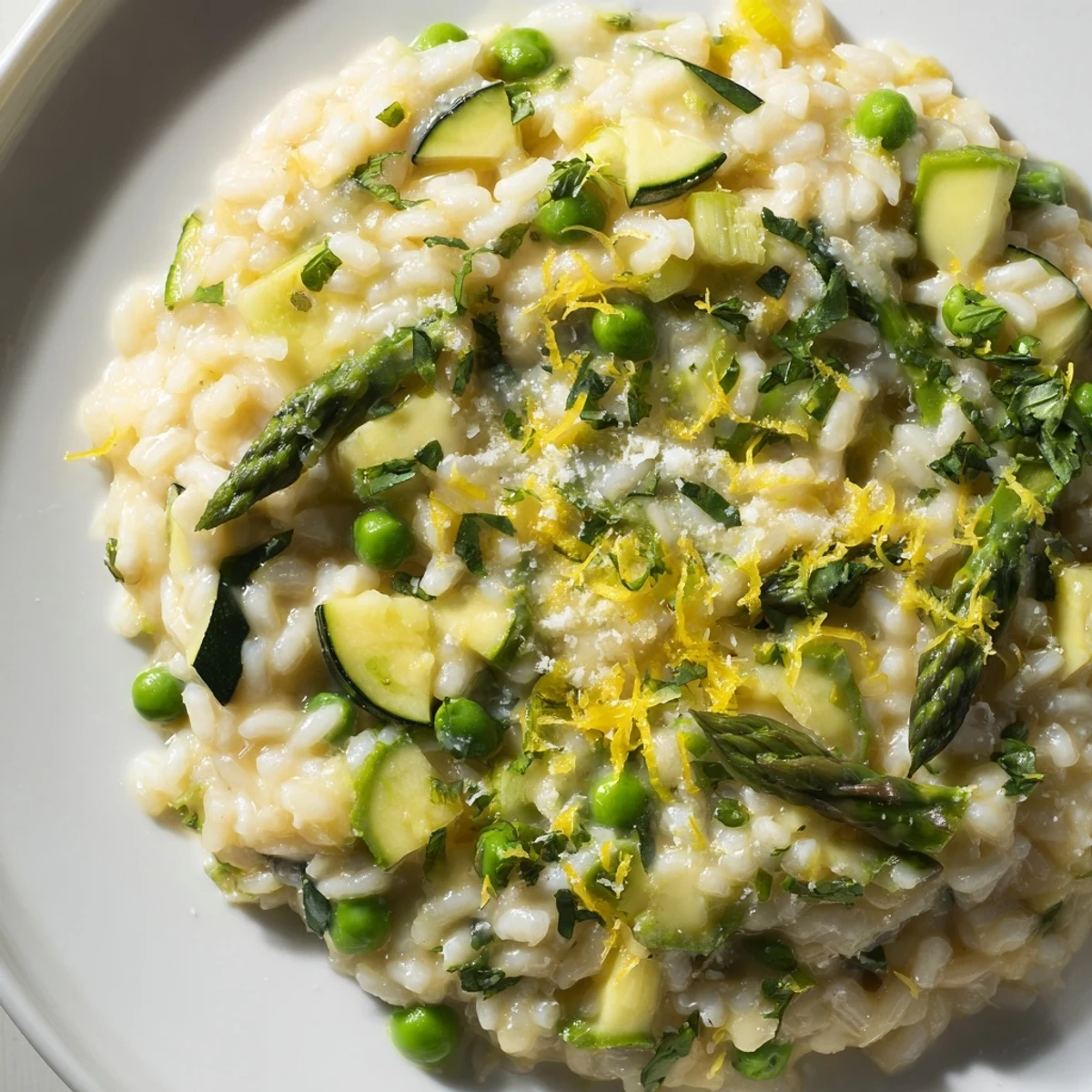 A close-up of Spring Vegetable Risotto with Lemon Zest in a white ceramic bowl, showcasing creamy Arborio rice studded with green peas and asparagus.