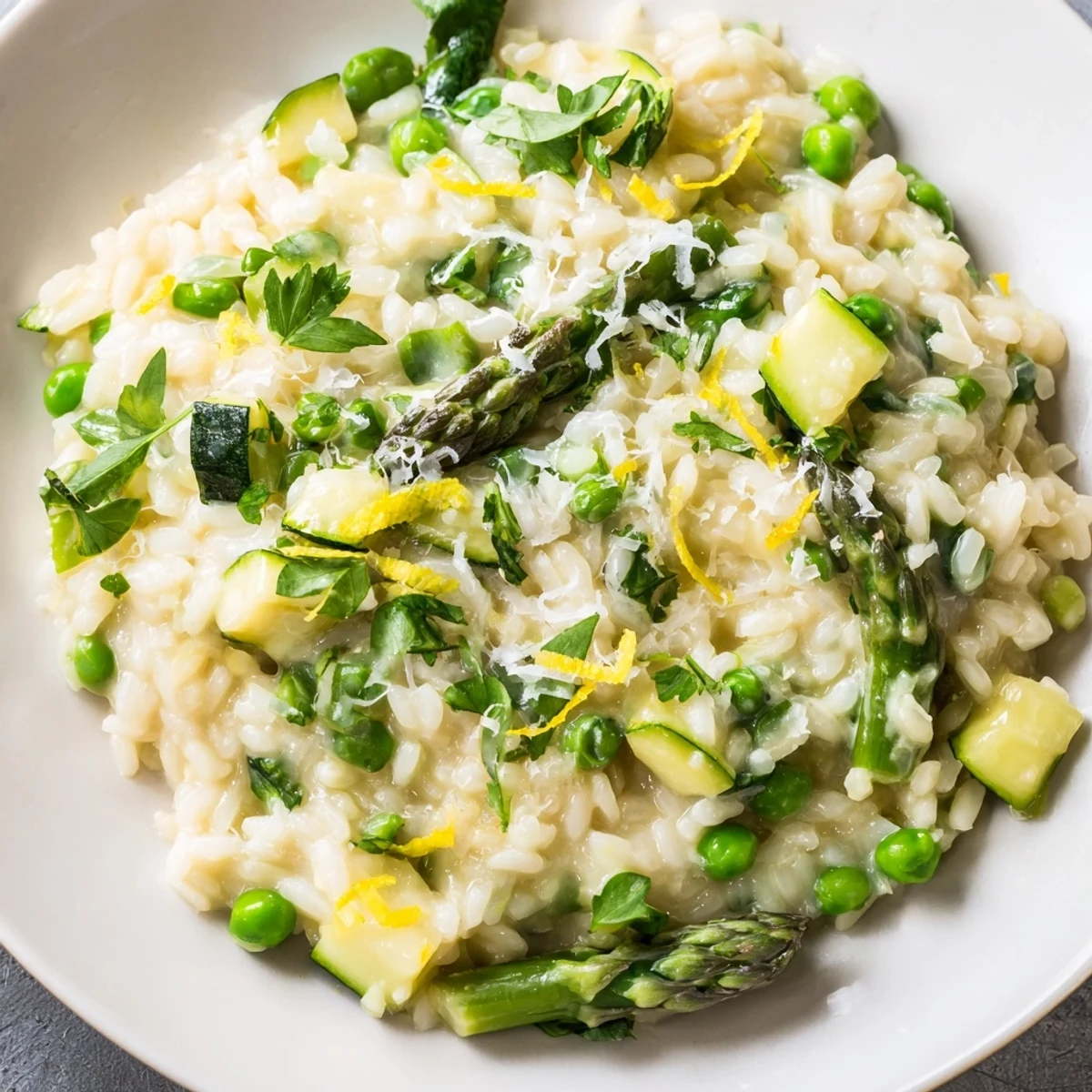 Spring Vegetable Risotto with Lemon Zest plated in a rustic skillet, featuring tender zucchini, spinach, and melted Parmesan for a comforting dinner.
