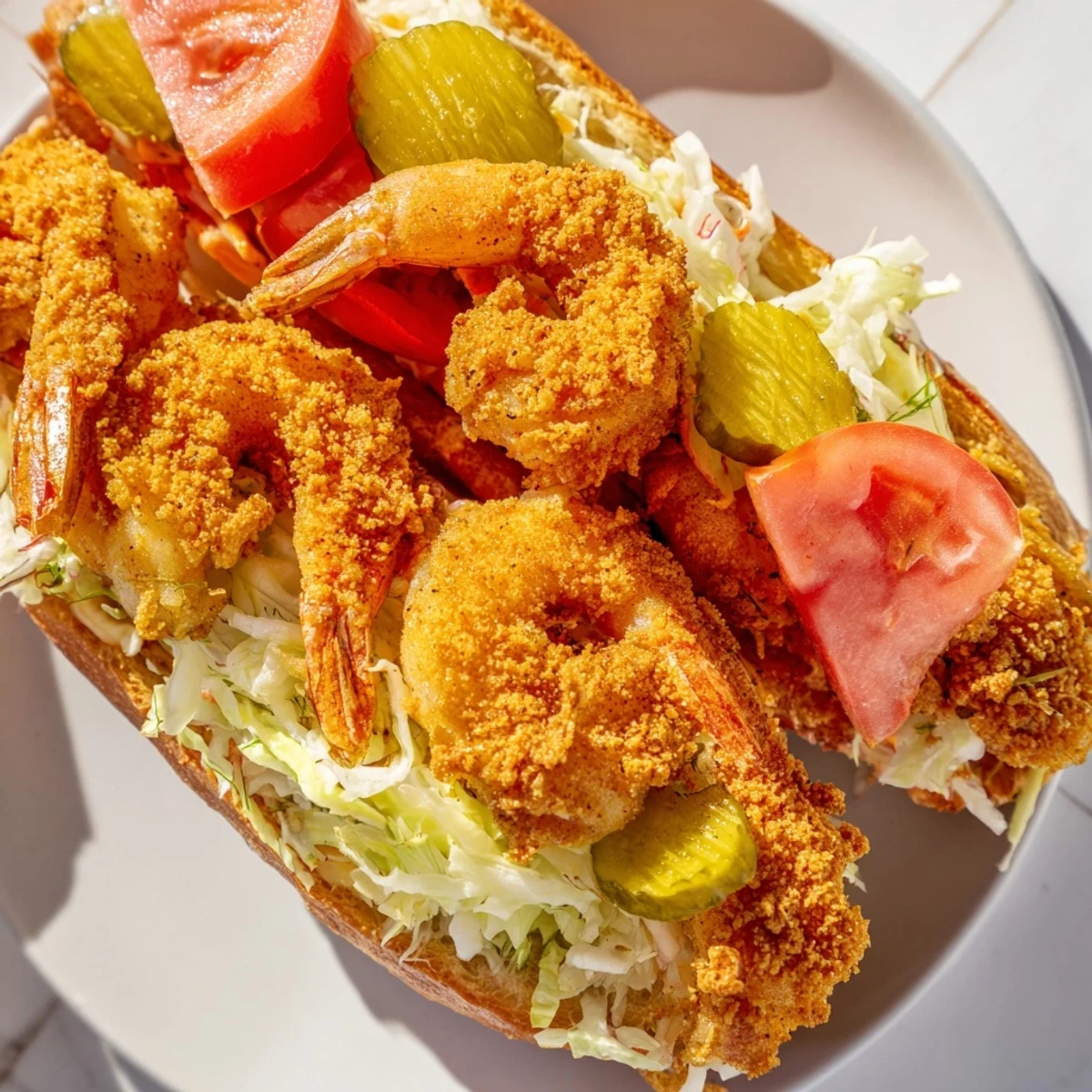 Golden fried shrimp in a Mardi Gras Shrimp Po Boy with remoulade sauce, lettuce, and pickles on a toasted French bread roll.