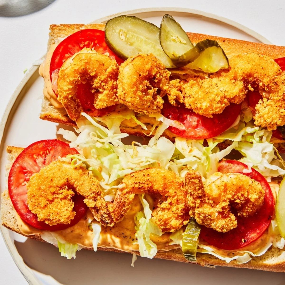 Cajun-seasoned Mardi Gras Shrimp Po Boy served on a toasted French loaf with creamy remoulade, iceberg lettuce, and fresh tomato slices.