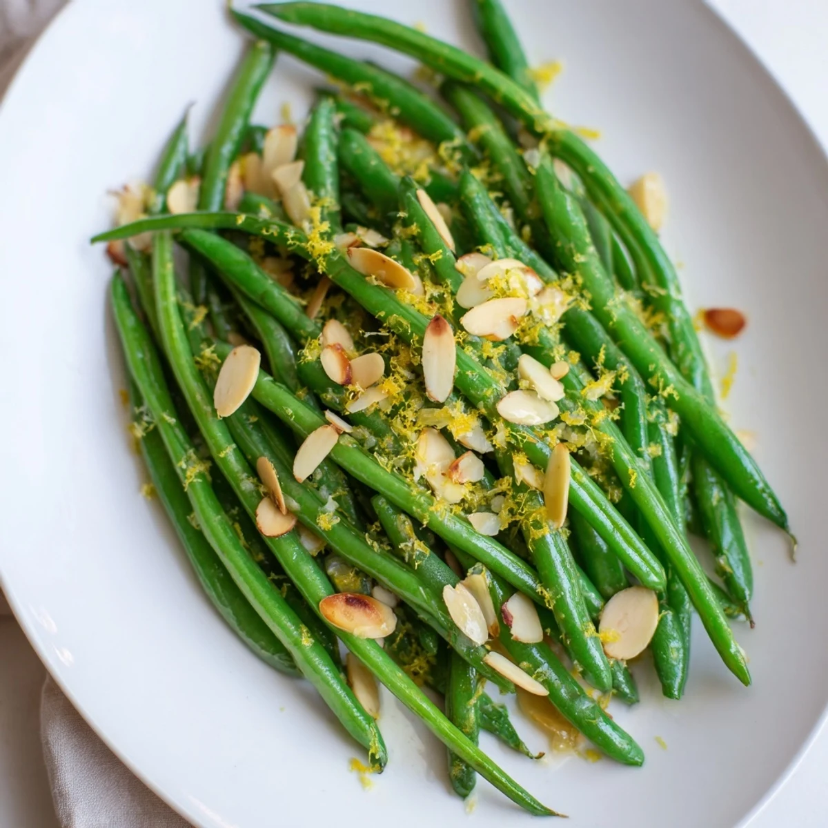 Fresh green beans tossed with sliced almonds and lemon juice, garnished with extra zest on a white serving platter.