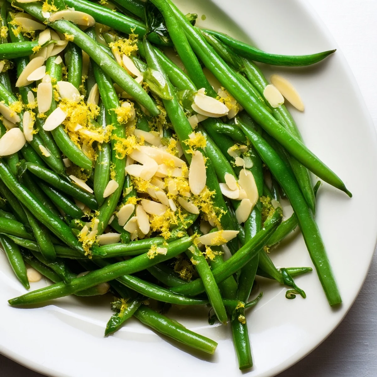 A close-up of a spoon lifting green beans with toasted almonds, showing steam rising for a warm, fresh presentation.