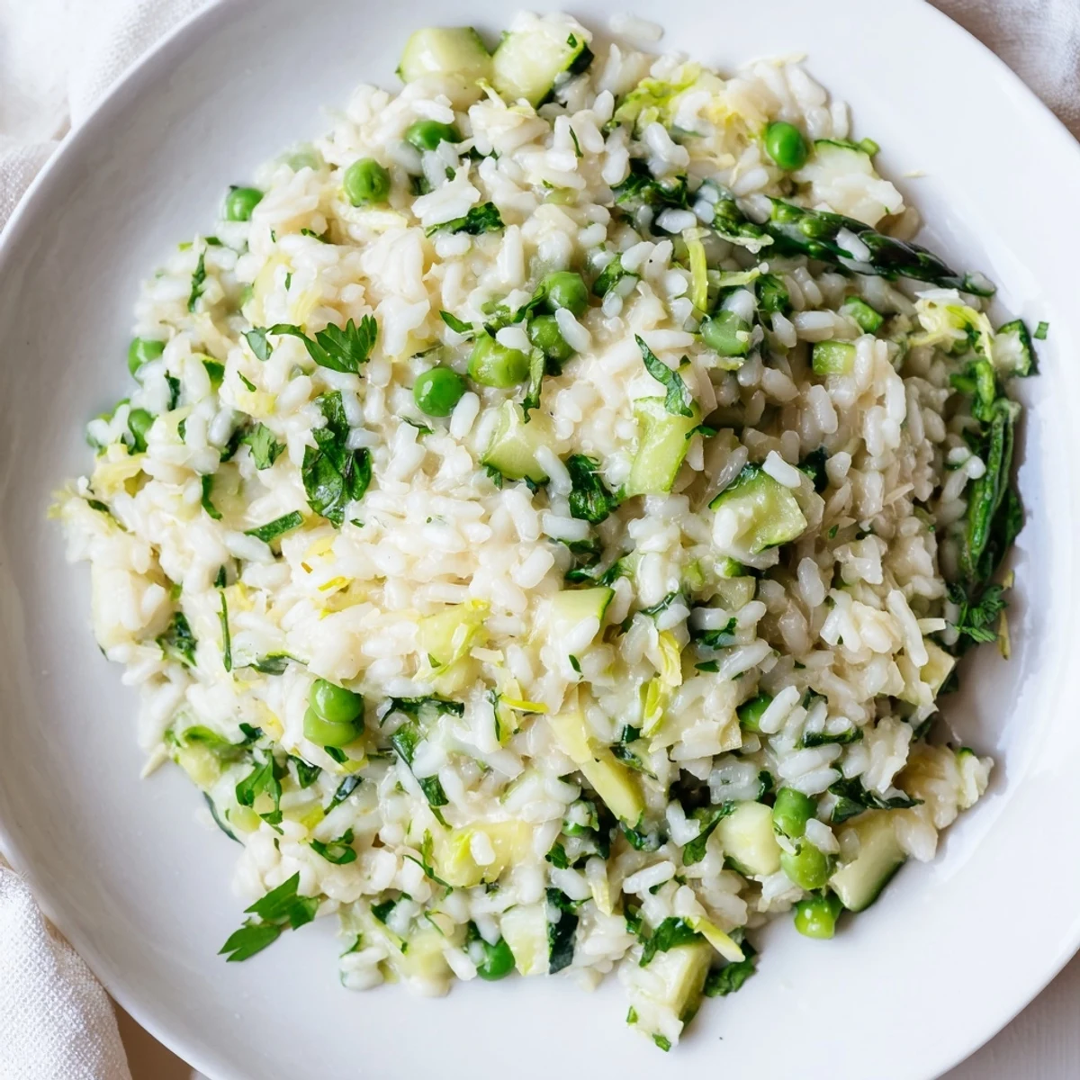 Golden Spring Vegetable Risotto with Lemon in a white ceramic bowl, garnished with fresh parsley and a lemon wedge, steaming slightly.