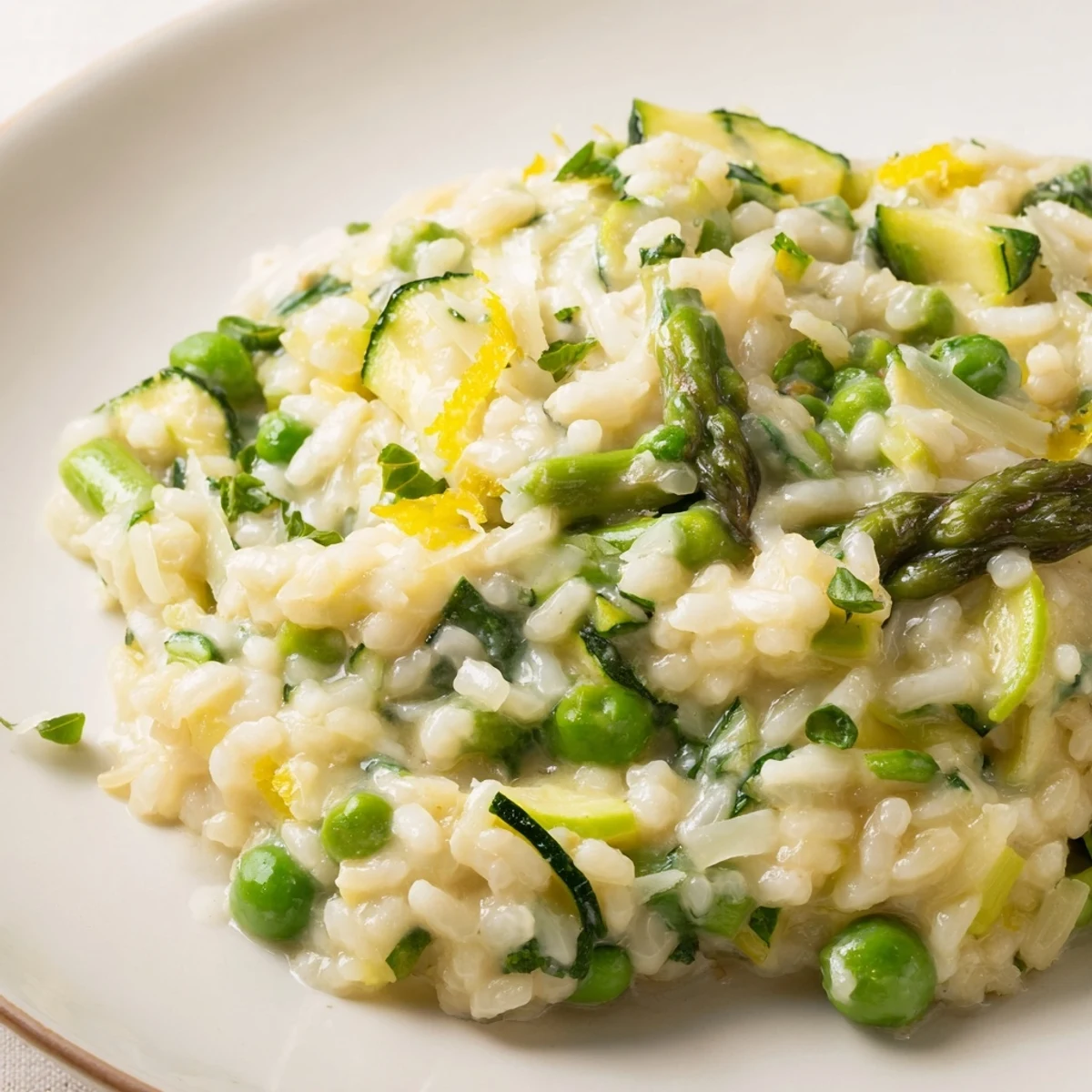 Spring Vegetable Risotto with Lemon served in a rustic skillet, creamy and dotted with green peas and asparagus, ready to eat.