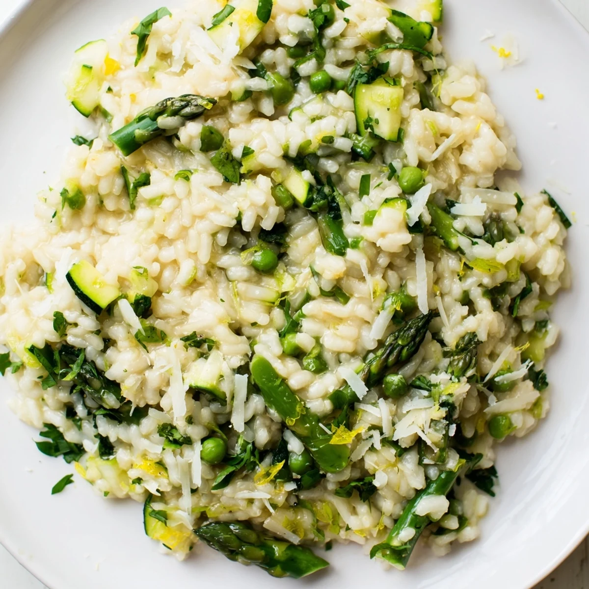 Spring Vegetable Risotto with Lemon on a dining table with a glass of white wine, showcasing its bright, cheesy finish.