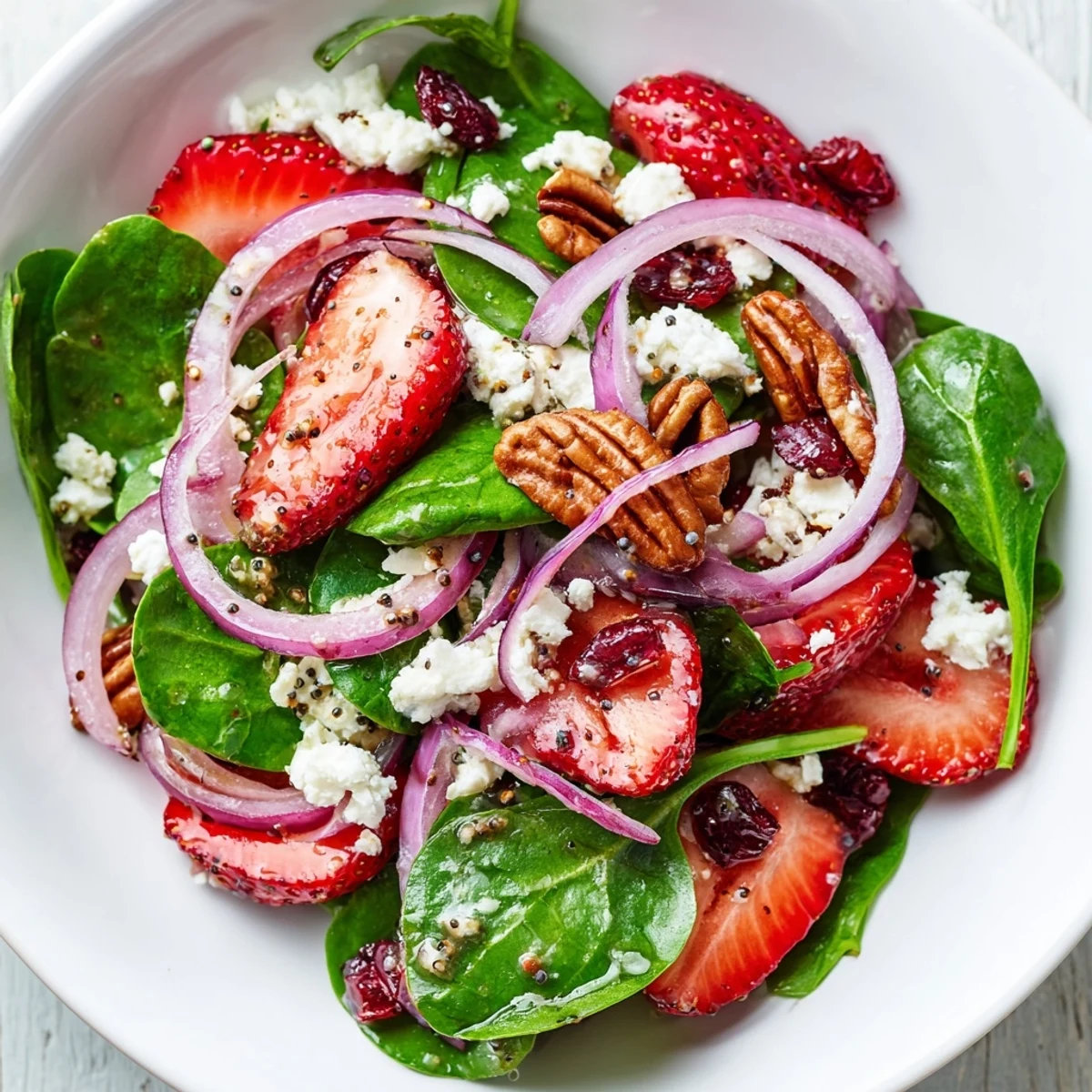 Fresh strawberries and baby spinach topped with toasted pecans and crumbled feta in Strawberry Spinach Salad with Poppy Seed Dressing.
