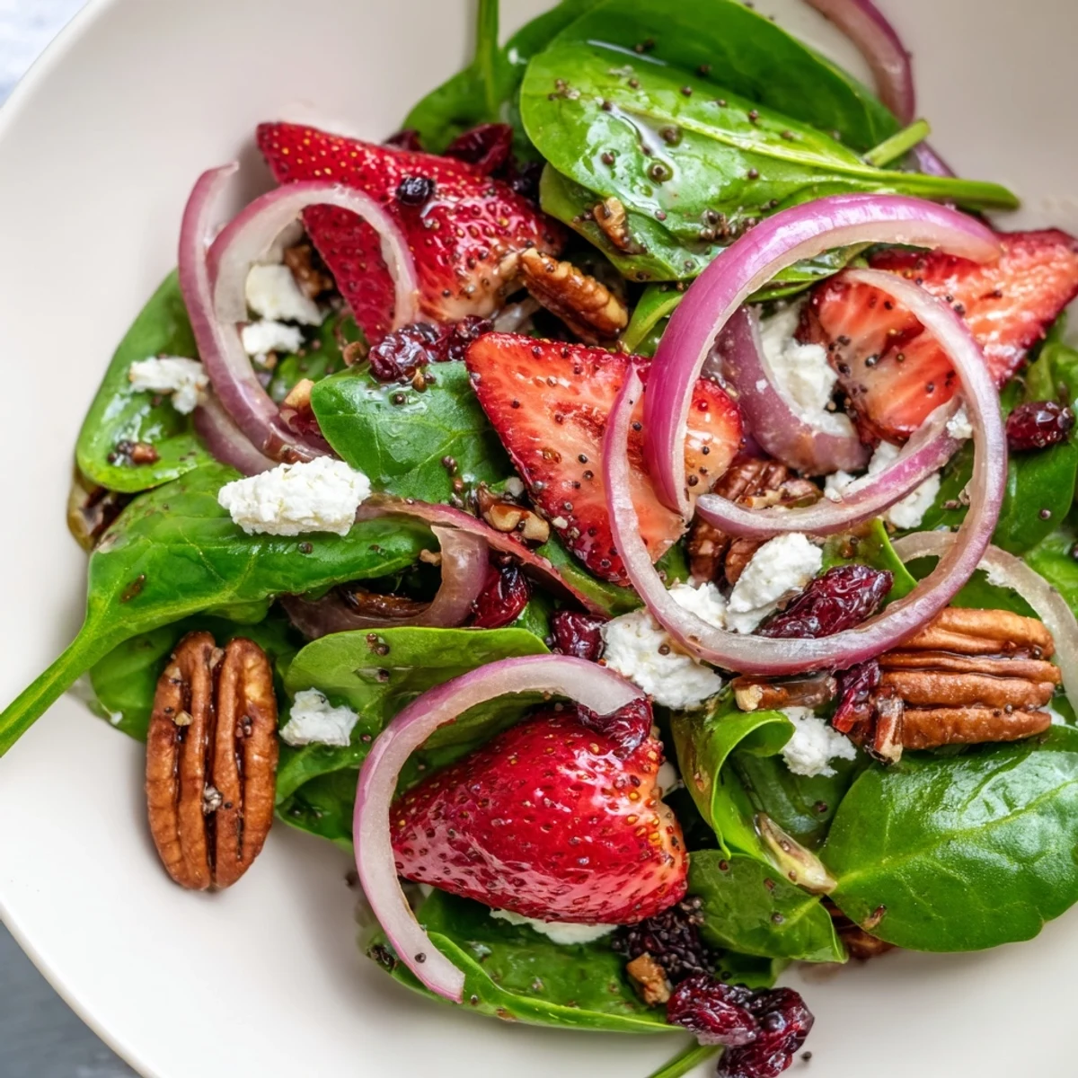 A vibrant Strawberry Spinach Salad with Poppy Seed Dressing tossed with red onions and a tangy homemade dressing.