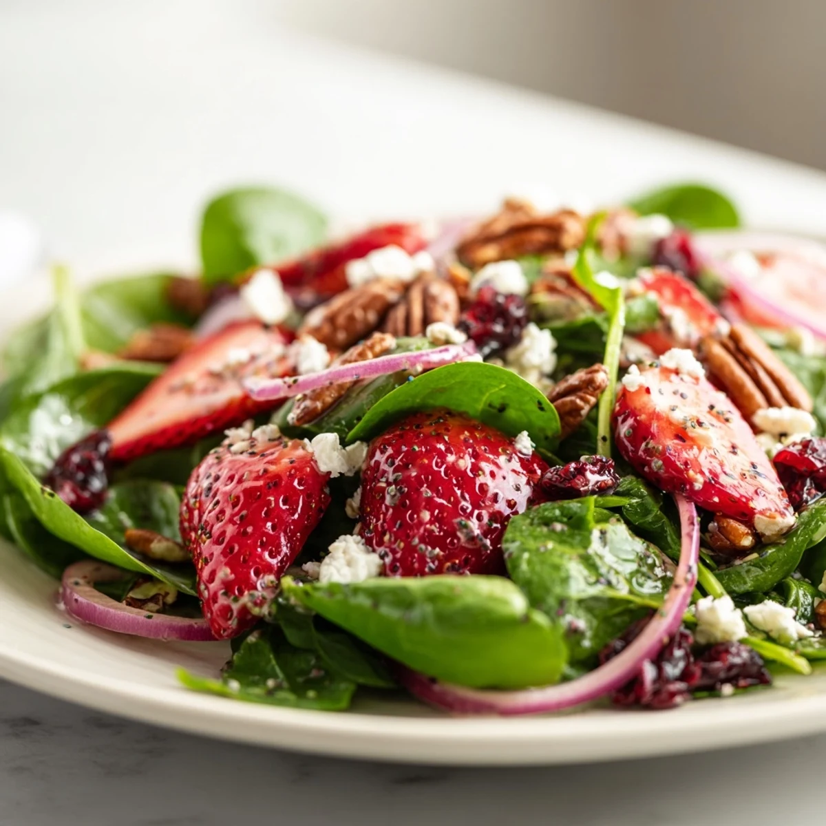 Crisp baby spinach and sliced strawberries in Strawberry Spinach Salad with Poppy Seed Dressing, served on a white plate.