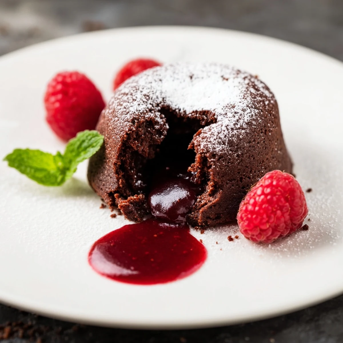 Fresh raspberries and mint garnish the Chocolate Lava Cakes with Raspberry Coulis, with a small bowl of vibrant red sauce nearby.