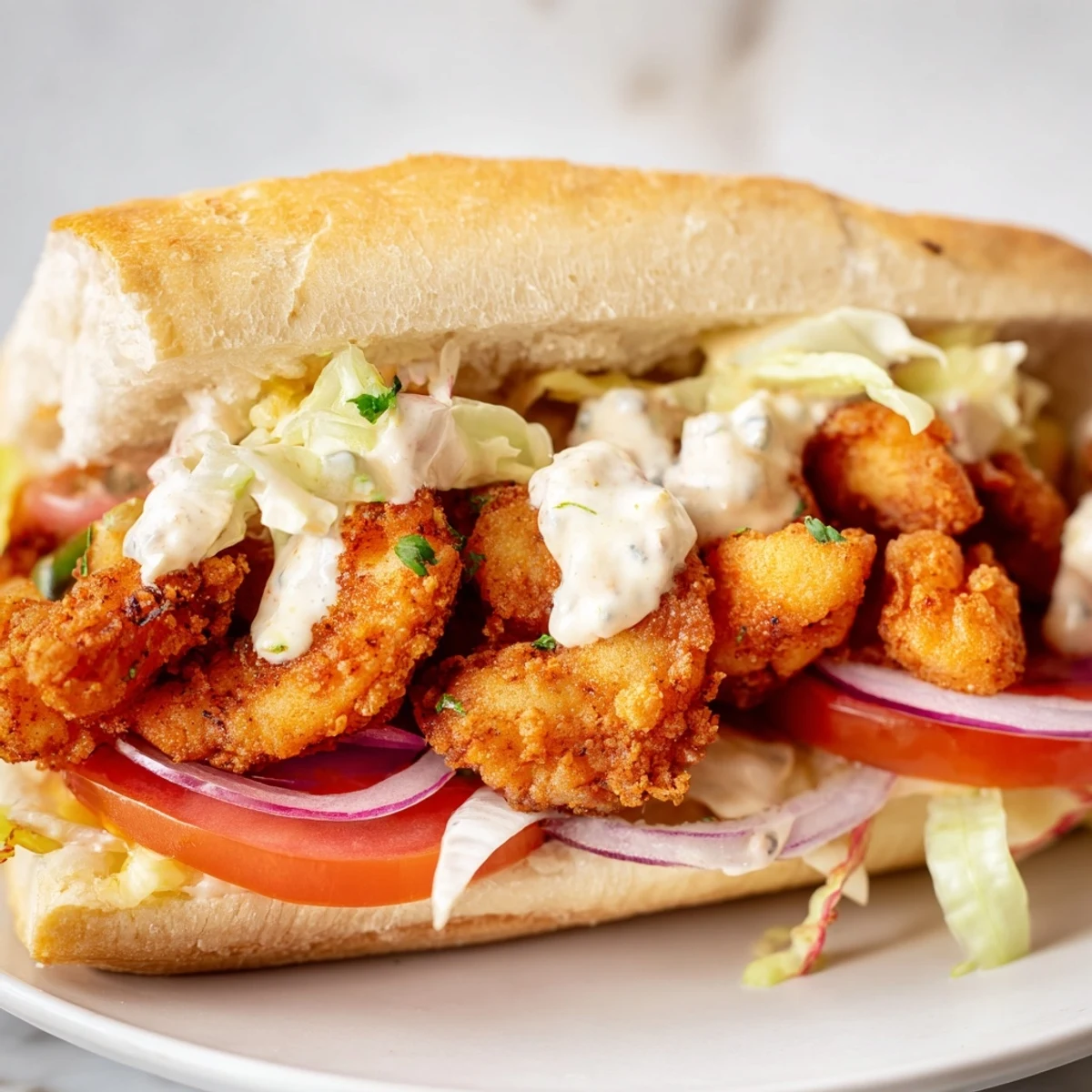 Crispy Cajun-coated shrimp nestled in a fresh French roll, topped with zesty remoulade and veggies for a festive Mardi Gras Shrimp Po Boy.