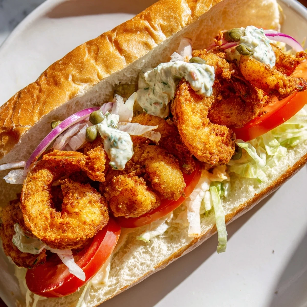 Golden fried shrimp layered with crisp lettuce, juicy tomatoes, and homemade remoulade on a toasted baguette for a Mardi Gras Shrimp Po Boy.