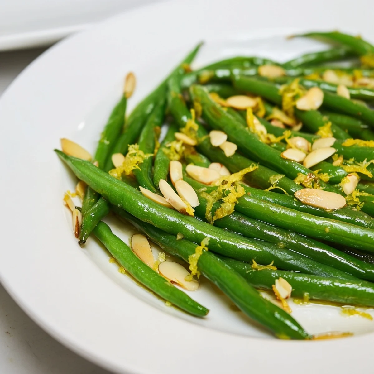 Bright green beans with toasted almonds and lemon zest on a white plate, served alongside grilled chicken for a vibrant American side dish.