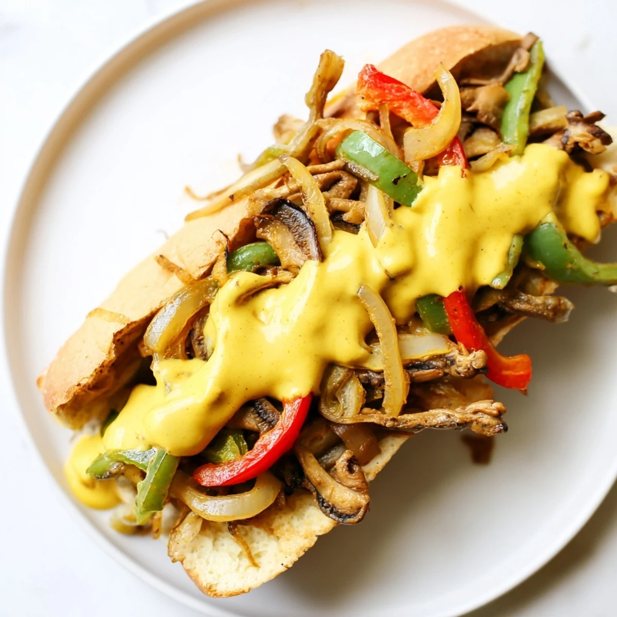 The hearty Vegan Philly Cheesesteak sandwich drips with creamy vegan cheese sauce, ready to be devoured hot.