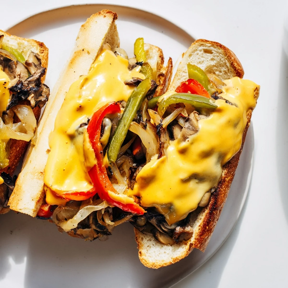Golden-brown sautéed mushrooms, peppers, and onions fill a toasted hoagie roll for a delicious Vegan Philly Cheesesteak.
