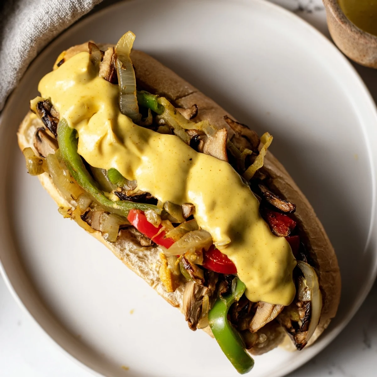 Close-up of a toasted hoagie roll stuffed with savory Vegan Philly Cheesesteak filling, served on a rustic plate.
