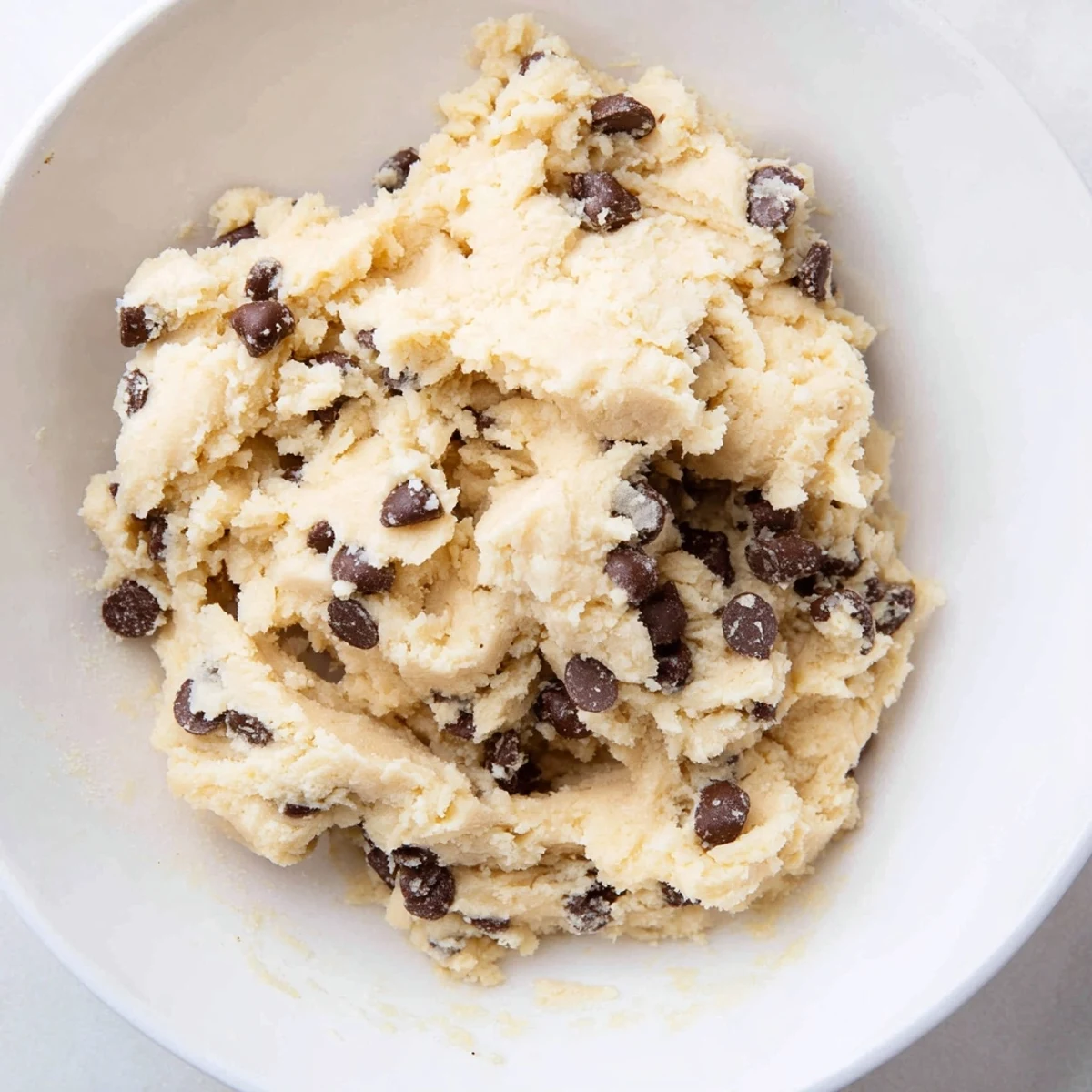 The finished Edible Keto Cookie Dough shows creamy, soft-textured scoops studded with dark chocolate chips.