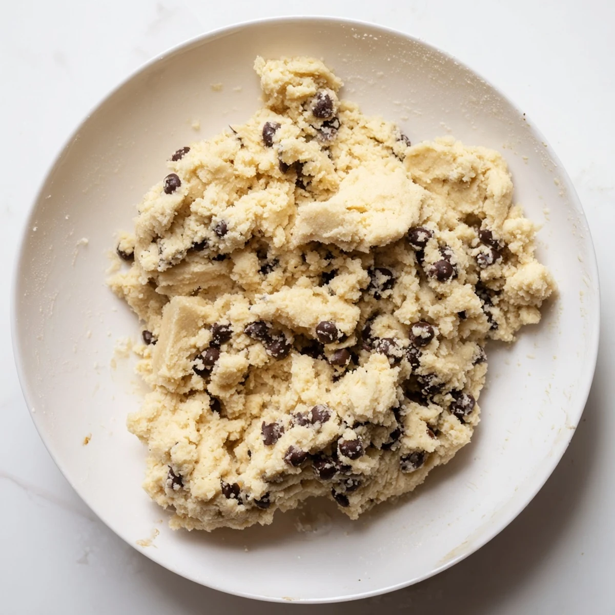 Close-up view of the keto-friendly Edible Keto Cookie Dough with visible almond flour and sugar-free chocolate chips.