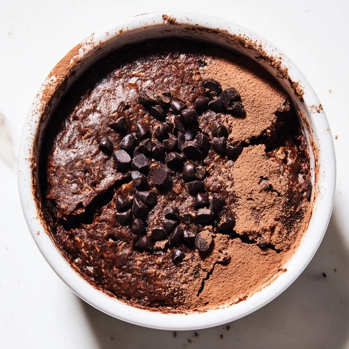 Warm Easy Chocolate Baked Oats in a ramekin topped with melted chocolate chips and a dollop of yogurt.  