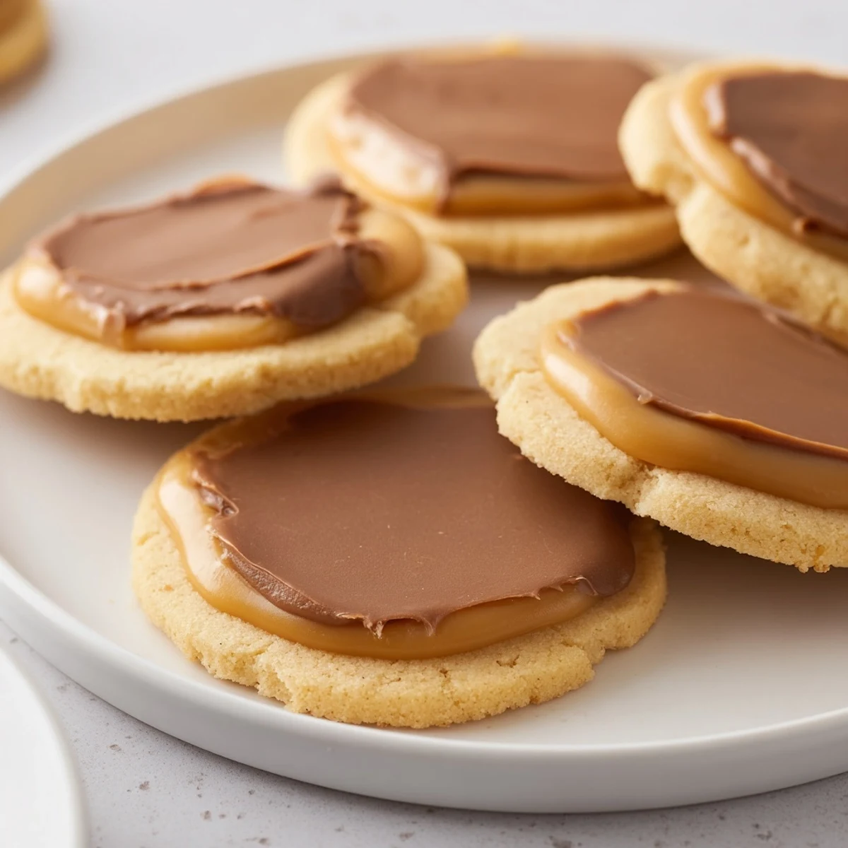 A close-up of Twix Cookies showing creamy caramel layer and shiny chocolate topping on a baking sheet.