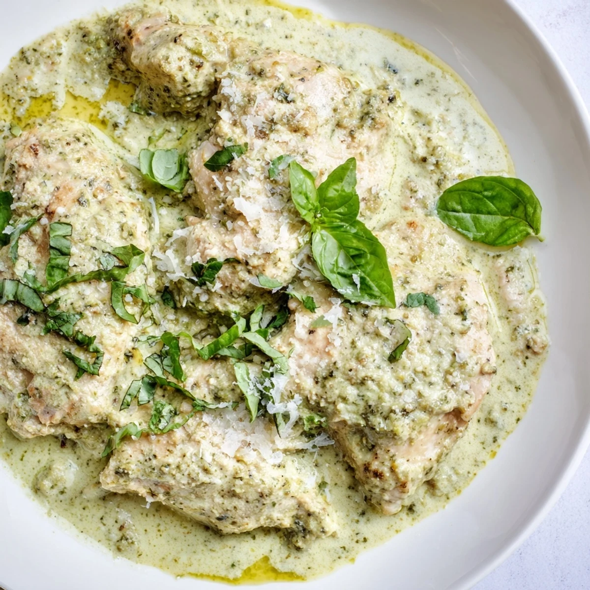 Tender Pesto Ranch Crock Pot Chicken Thighs slow-cooked in a creamy green sauce, served over fluffy white rice for a comforting dinner.