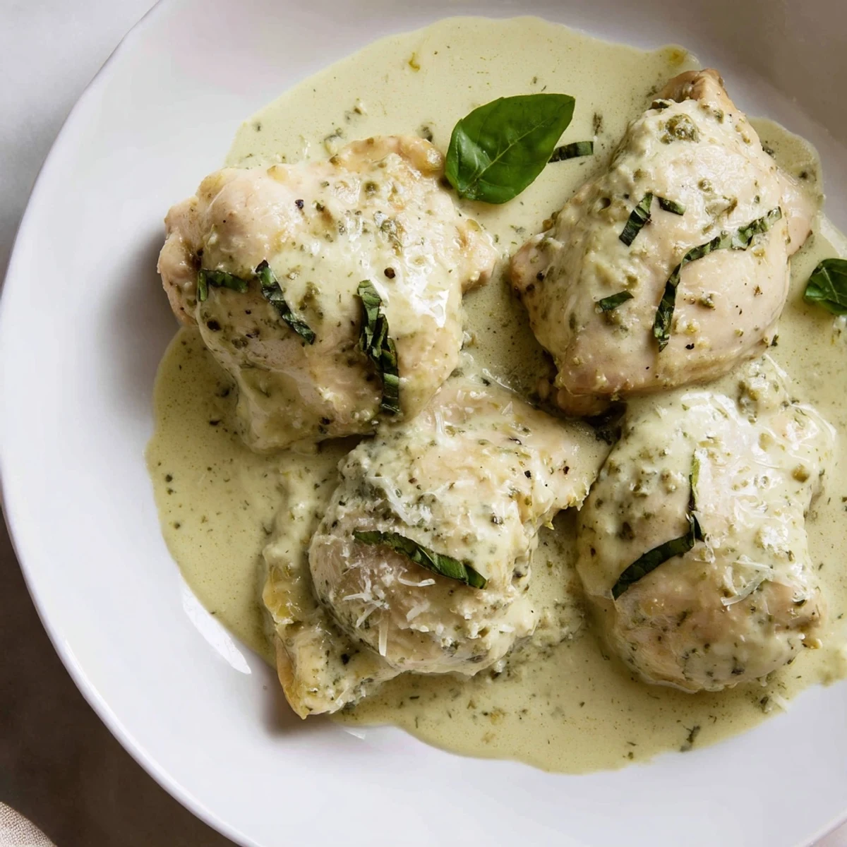 A hearty serving of Pesto Ranch Crock Pot Chicken Thighs with thick, creamy sauce spooned over the chicken, ideal for a gluten-free weeknight meal.