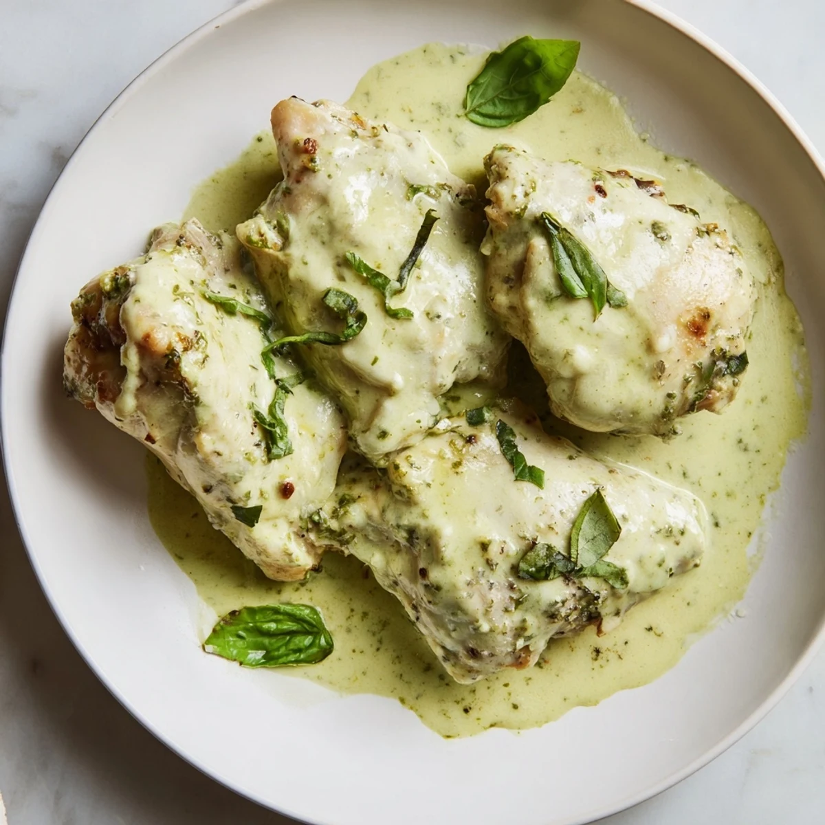 Juicy Pesto Ranch Crock Pot Chicken Thighs garnished with fresh basil and extra Parmesan, ready to enjoy with mashed potatoes on the side.