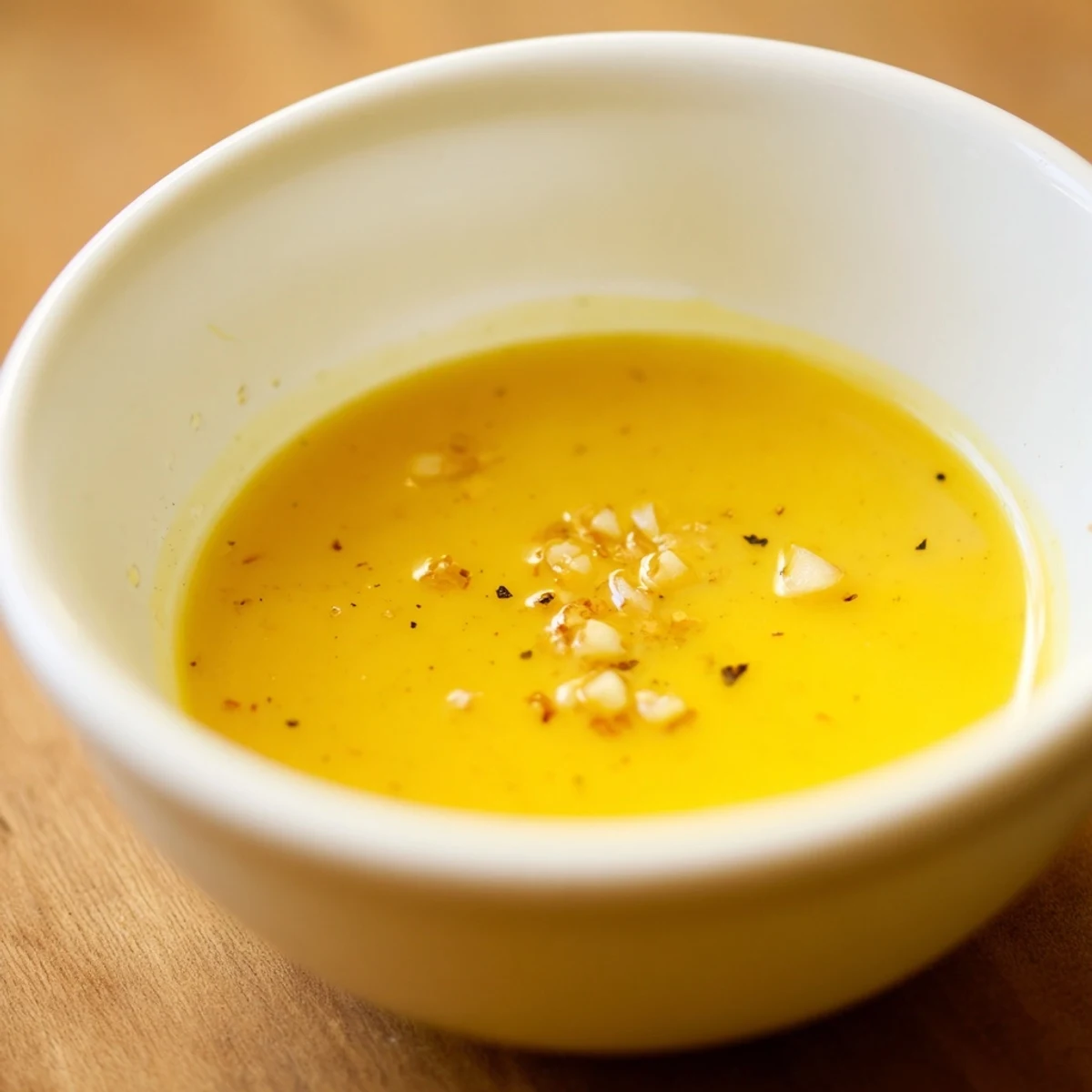 Lemon Dijon Dressing in a glass jar with a whisk, set on a rustic wooden table near fresh lemon halves.