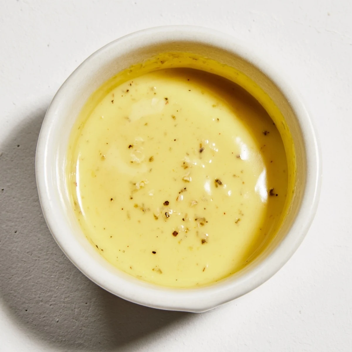 Creamy emulsified Lemon Dijon Dressing served alongside roasted asparagus and grilled chicken, ready for a delicious dinner.