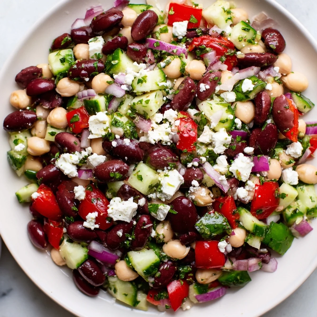 Vibrant Mediterranean Dense Bean Salad displayed on a rustic wooden table with olives and mint leaves for a fresh, healthy lunch.
