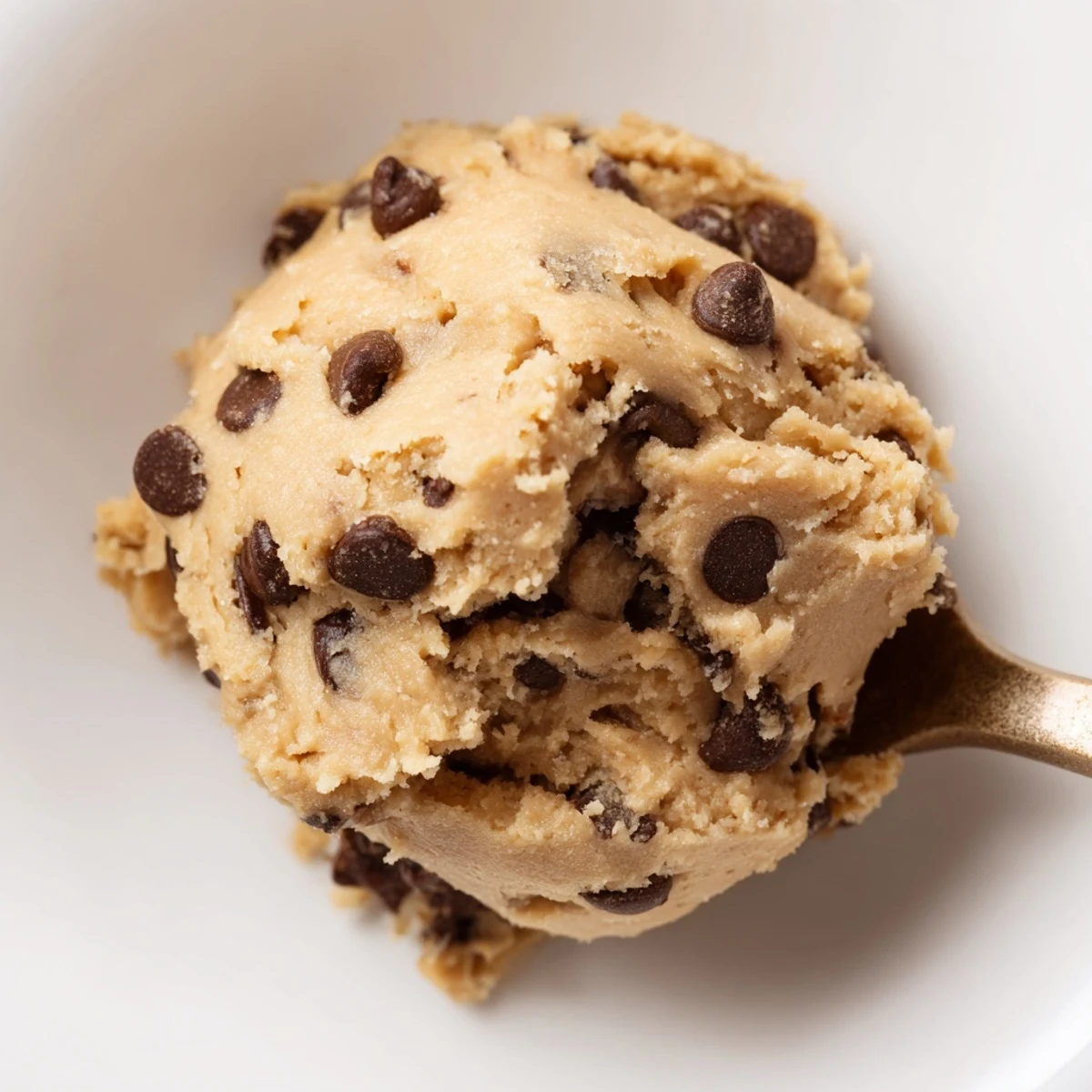 Freshly prepared Chocolate Chip Greek Yogurt Cookie Dough in a mixing bowl, ready to eat with a spoon.