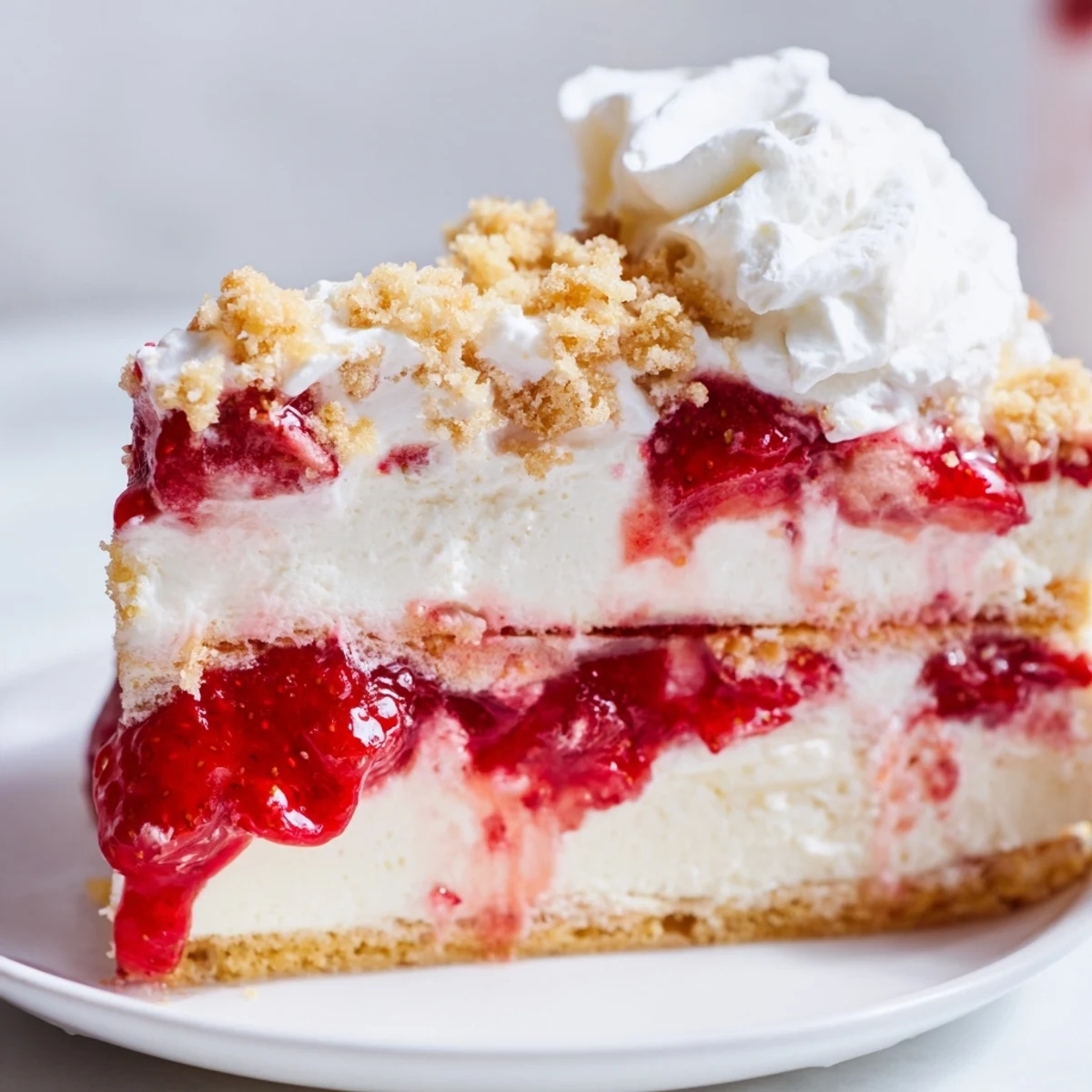 A serving of Easy Strawberry Shortcake Ice Cream Cake with whipped cream and juicy strawberries on a marble counter.