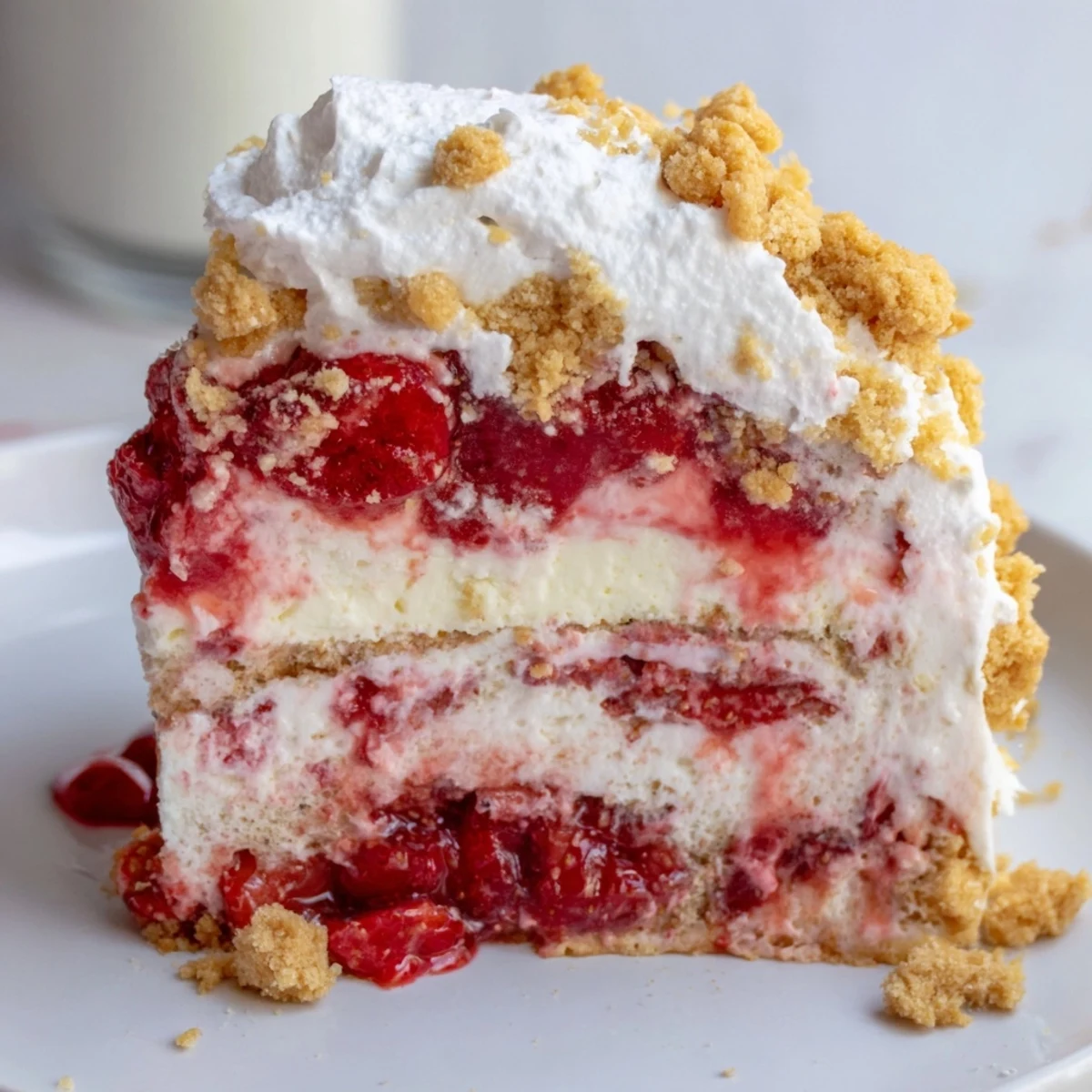 Sliced Easy Strawberry Shortcake Ice Cream Cake shows creamy vanilla layers, fresh berries, and crumbly topping on a plate.