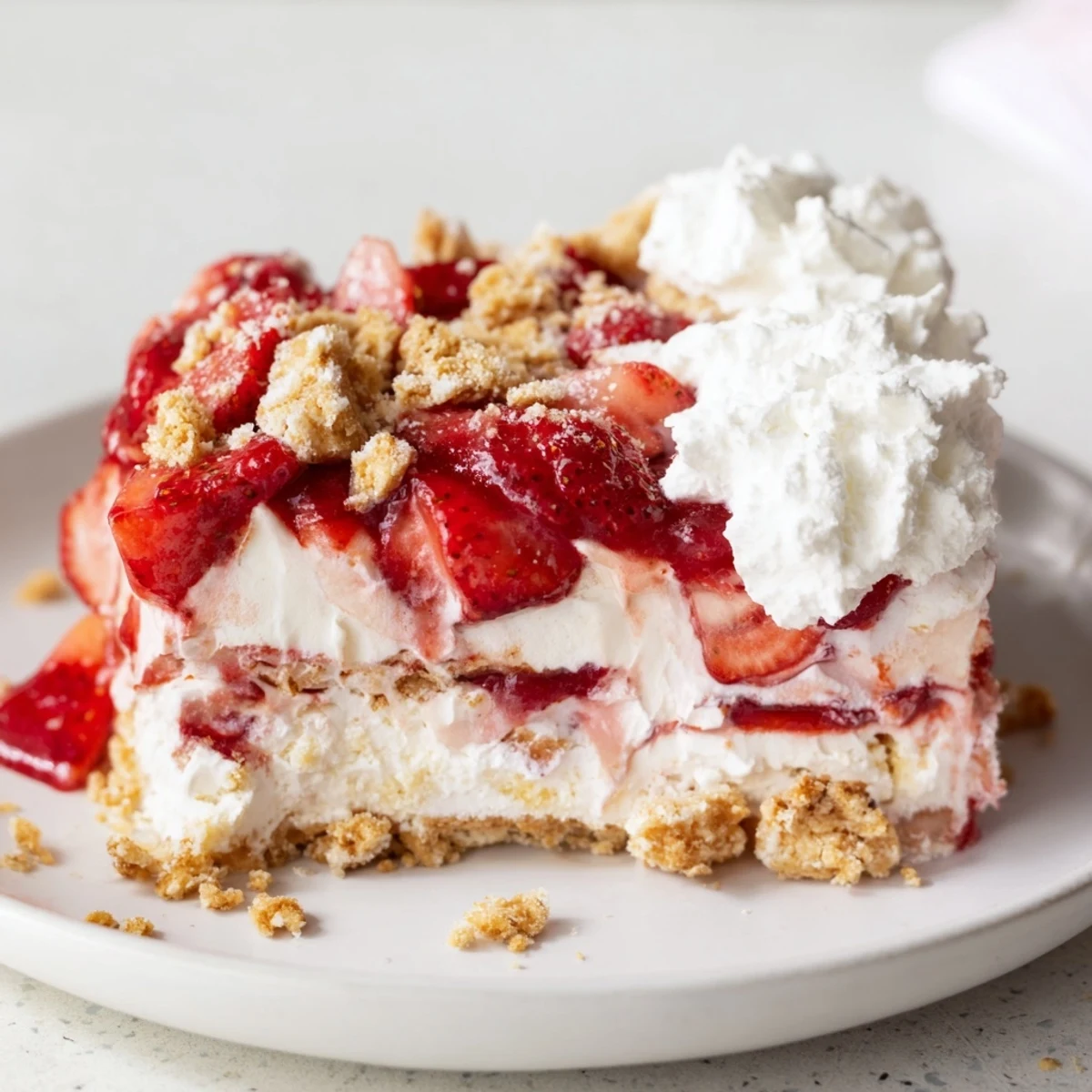 Overhead view of Easy Strawberry Shortcake Ice Cream Cake revealing layers of ice cream, strawberry filling, and crunchy crust.