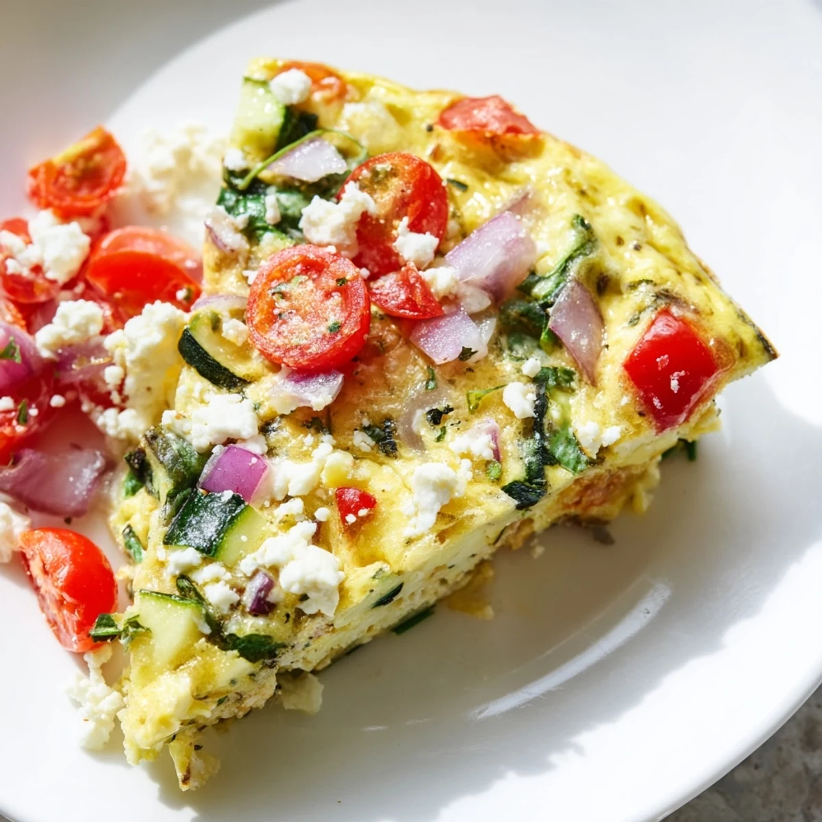 Freshly cooked Veggie Air Fryer Frittata slices showing fluffy eggs with colorful spinach and peppers.