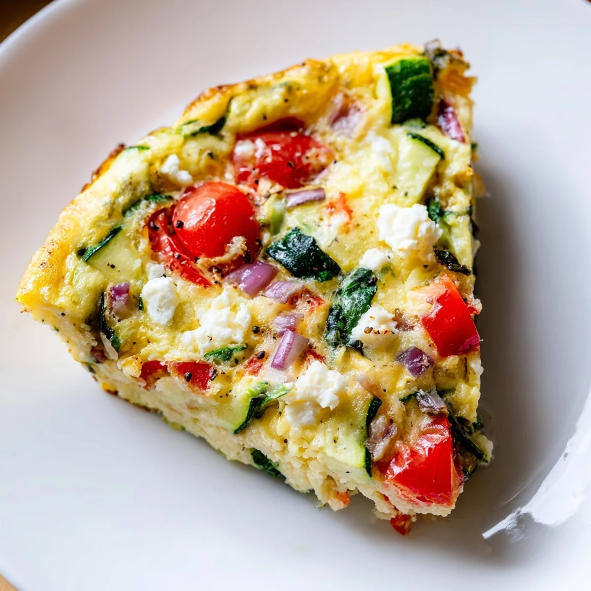 Savory Veggie Air Fryer Frittata with melted feta cheese and red onion inside an air fryer basket.